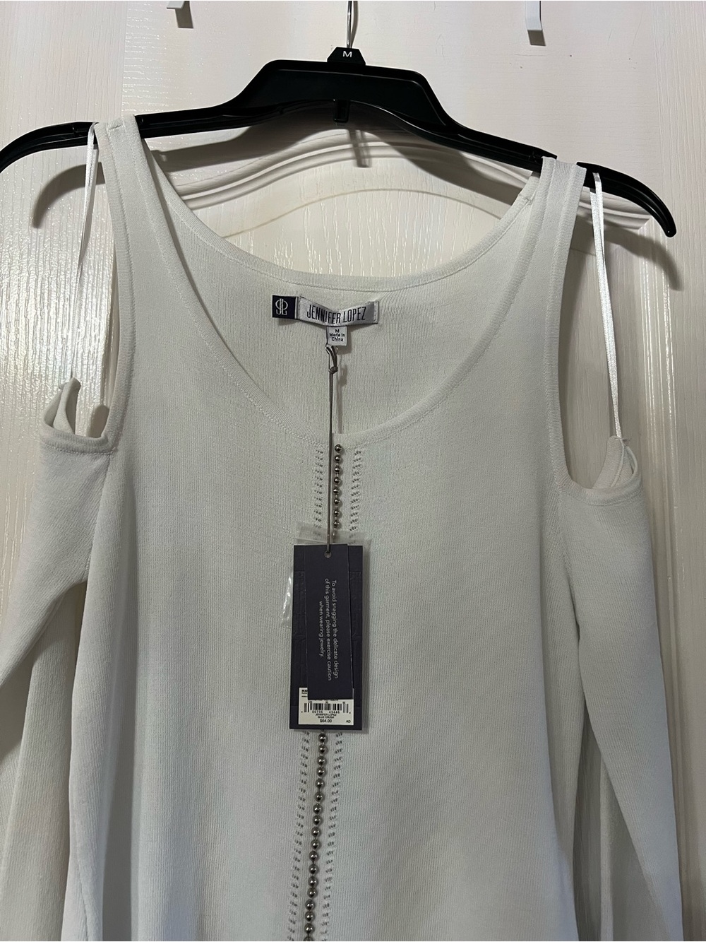 Jennifer Lopez White Cold-Shoulder Top with Center Embellishment